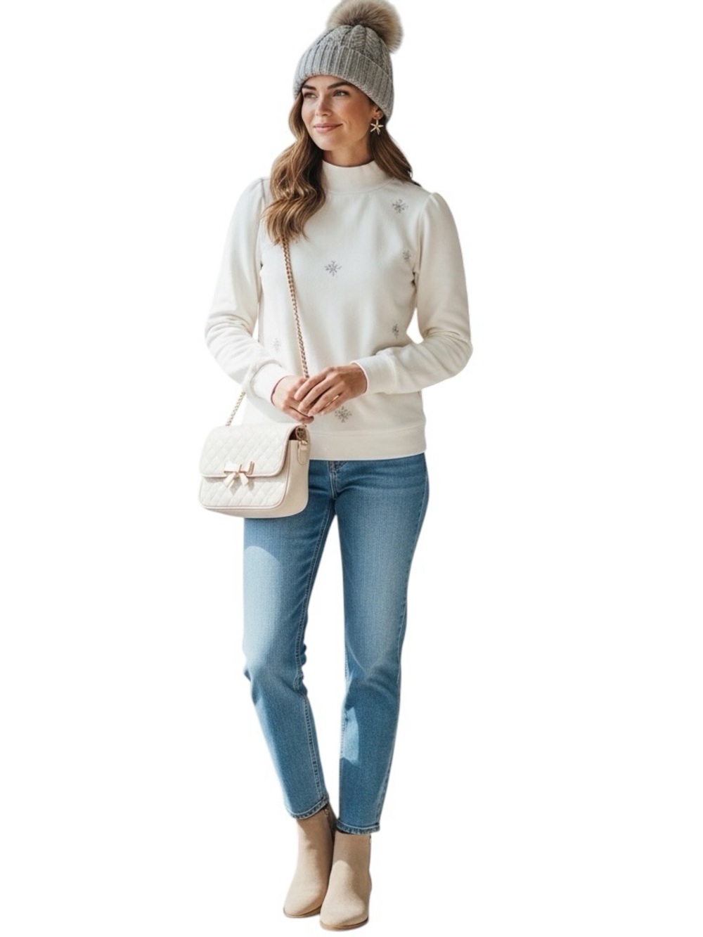 LOFT Ivory Snowflake Embroidered Mock Neck Sweatshirt Winter Cozy Small in GUC